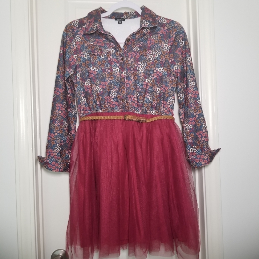 Zunie Girls Floral Belted Denim Tutu Dress Size 16